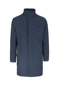 Marineblauwe softshell jas met een hoge kraag, lange mouwen en een voorzak met rits. Gladde textuur en minimalistisch ontwerp voor een gestroomlijnd uiterlijk.
