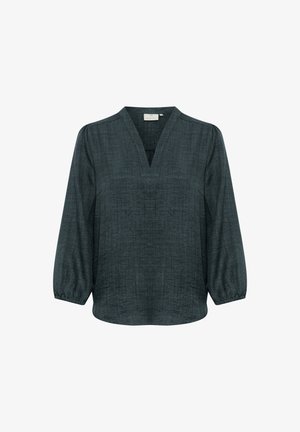 Tamnozelena bluzica od teksturiranog materijala, s V-izrezom i rukavima do tri četvrtine sa naboranim manžetama.