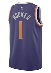 Maillot de basket violet avec des accents blancs et orange. Porte "BOOKER" et le numéro "1" en lettres grises au dos. Texture en tissu mesh.