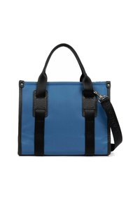 Sac fourre-tout en toile bleue avec des accents en cuir noir, comprenant deux poignées supérieures et une bandoulière amovible ; forme rectangulaire.