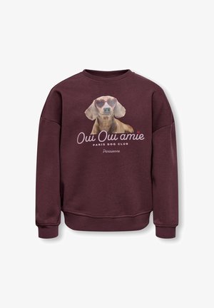 Bordowa bluza z grafiką psa noszącego okulary przeciwsłoneczne w kształcie serca oraz tekstem "Oui Oui amie Paris Dog Club Parisienne."