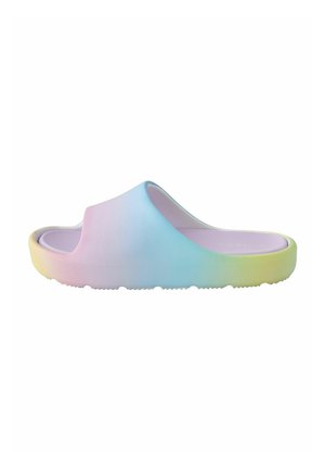 Slip-On-Sandale mit offenem Zehenbereich in einem pastellfarbenen Regenbogenverlauf aus Pink, Blau und Gelb, mit dicker Sohle und strukturierter Fußbettung.