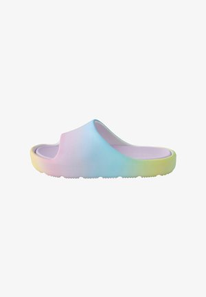 Sandale à enfiler avec bout ouvert dans un dégradé pastel arc-en-ciel de rose, bleu et jaune, caractérisée par une semelle épaisse et une semelle intérieure texturée.