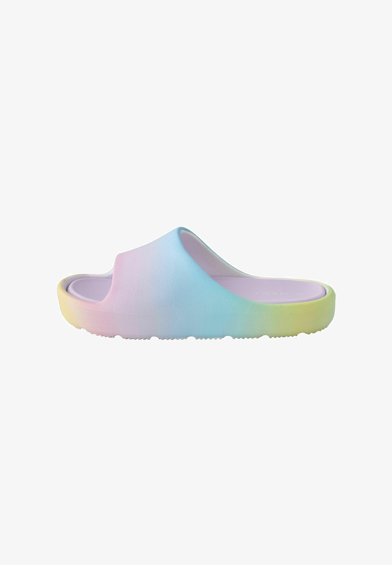 Sandale à enfiler avec bout ouvert dans un dégradé pastel arc-en-ciel de rose, bleu et jaune, caractérisée par une semelle épaisse et une semelle intérieure texturée.