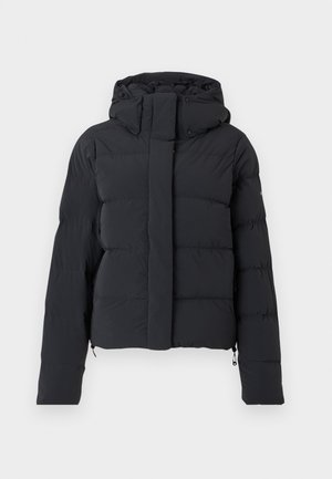 Black quilted winter jacket with hood, long sleeves, and front zipper covered by a flap with snap buttons.
