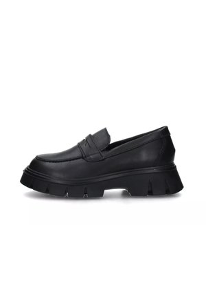 Mocassino nero in pelle slip-on con una suola spessa e testurizzata e tacco rialzato; presenta un dettaglio di cucitura sulla punta e una parte superiore liscia.
