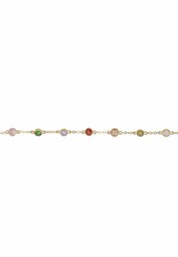 Gold chain bracelet featuring alternating round gemstones in red, green, purple, and clear, with faceted detailing and a smooth finish.