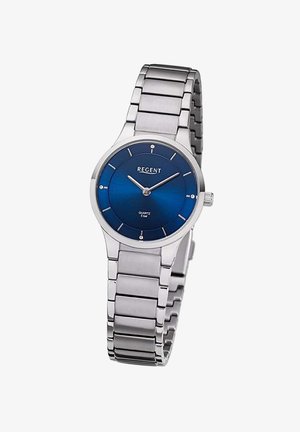 Montre-bracelet en métal argenté avec un cadran bleu foncé, marqué du nom de la marque "REGENT". Les caractéristiques comprennent des index et des aiguilles argentés.