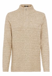 Beige pullover trui met een halvemaan-rits kraag, een textuurpatroon van horizontale lijnen, lange mouwen en een standaard pasvorm.