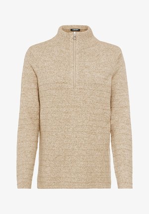 Beiger Pullover mit halbem Reißverschluss am Kragen, strukturiertem Muster aus horizontalen Linien, langen Ärmeln und normaler Passform.