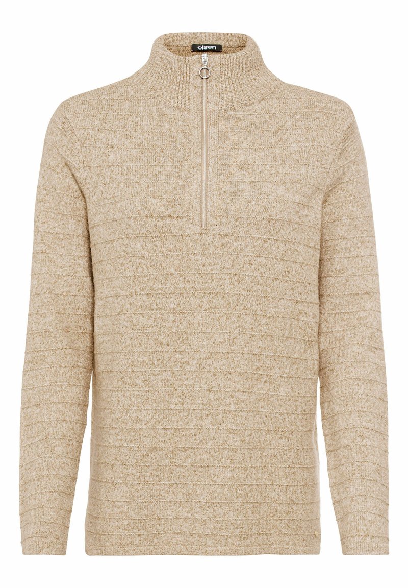 Beige pullover trui met een halvemaan-rits kraag, een textuurpatroon van horizontale lijnen, lange mouwen en een standaard pasvorm.