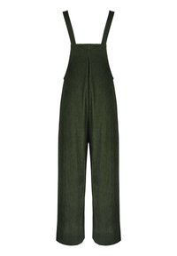Groene corduroy tuinbroek met wijde pijpen, verstelbare banden en een geplooide achterkant, ontworpen voor comfort en een ontspannen pasvorm.