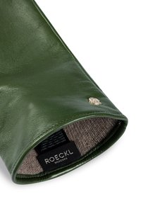 Grüner Lederhandschuh mit glatter Oberfläche, ausgestattet mit einem goldenen Akzent und einem braunen Innenfutter. Markenschild innen sichtbar.