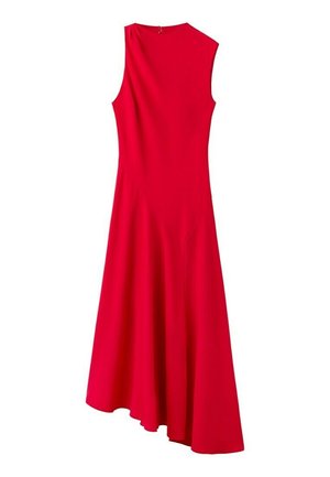 Robe rouge vif sans manches avec un corsage ajusté et un ourlet asymétrique, dotée d'une fermeture éclair au dos.