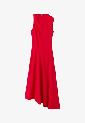 Robe rouge vif sans manches avec un corsage ajusté et un ourlet asymétrique, dotée d'une fermeture éclair au dos.