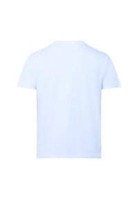 Jasnoniebieska, krótko rękawowa koszulka leżąca płasko, ukazująca tył, z okrągłym dekoltem i bez widocznych logo czy wzorów.