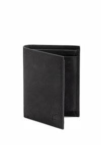 Black leather wallet with a smooth texture, bi-fold design, visible stitching, and a subtle embossed logo on the lower corner.