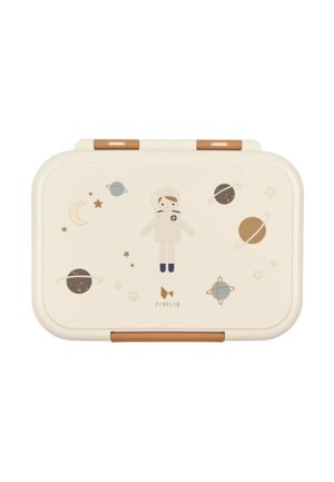 Krémovo sfarbená obedová krabička s vesmírnou tématikou, zahŕňajúca planéty, hviezdy a ilustráciu astronauta. Hnedé detaily na pántoch.
