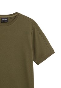 T-shirt in cotone verde oliva con scollo rotondo e maniche corte. Presenta una texture liscia e dettagli di cucitura sottili.