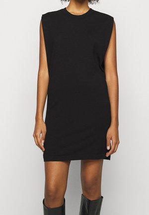 Czarna sukienka bez rękawów wykonana z mieszanki bawełny, z okrągłym dekoltem, luźnym krojem i prostym dołem, długości do kolan, bez widocznych wzorów ani zdobień.