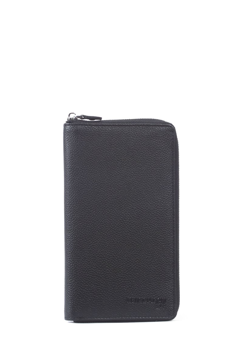 Svart läderplånbok med texturerad yta, dragkedjestängning och präglad logotyp. Kompakt rektangulär form med rundade hörn.