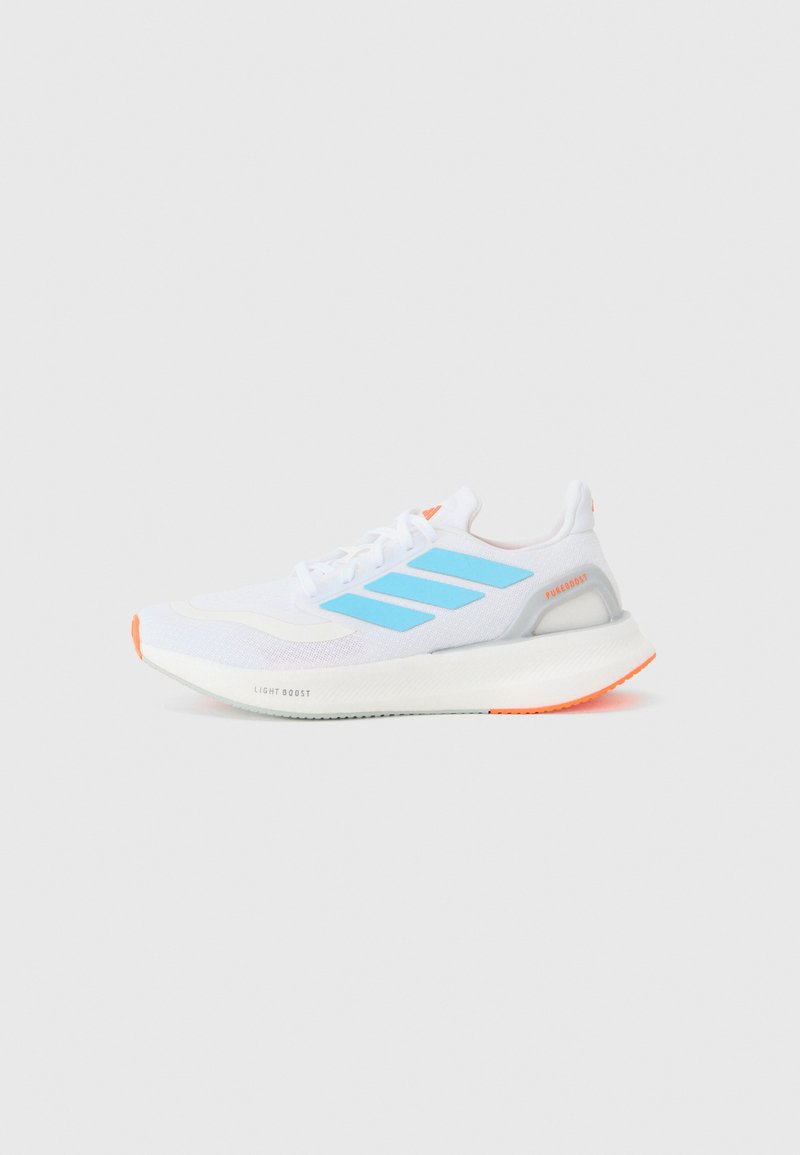 White athletic shoe with blue stripes, orange accents, a textured upper, and a cushioned sole marked “LIGHT BOOST.” Side view displayed.