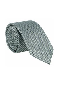 Textured tie rolled into a spiral shape, featuring a geometric pattern in light green and navy blue tones. Smooth fabric finish.