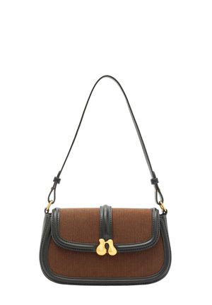 Braune Rippstoff-Handtasche mit schwarzen Lederakzenten und -riemen; verfügt über einen goldenen Hardwareverschluss und eine strukturierte Form.