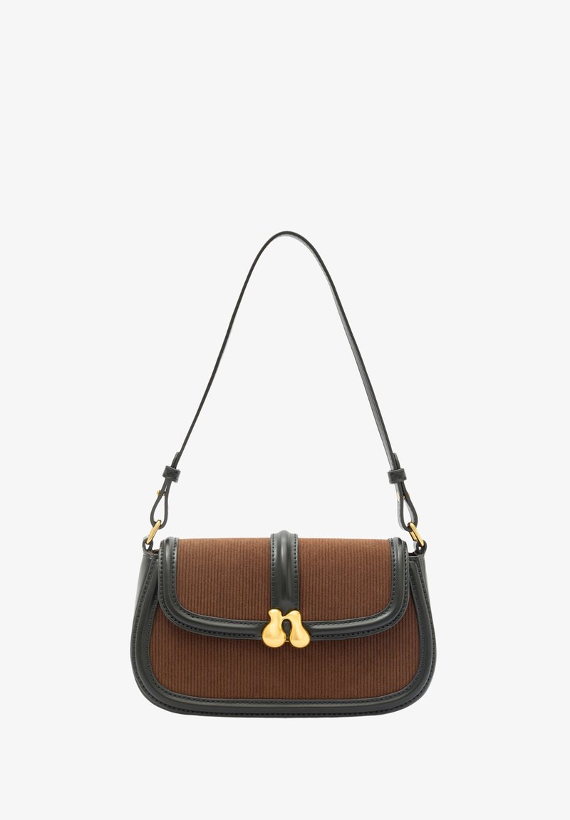 Borsa in tessuto a costine marrone con bordi e tracolla in pelle nera; presenta una chiusura in hardware dorato e una forma strutturata.