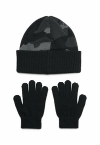 Black knit beanie with gray camouflage pattern and ribbed cuff, paired with matching black knit gloves featuring five-finger design.