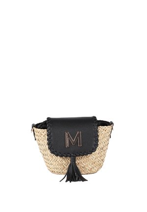 Woven straw bucket bag with a black leather flap and fringe tassel. Features a metallic "M" logo and a braided edge detail.