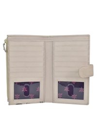 Lichtbeige portemonnee met meerdere kaartslepels, doorzichtige ID-vensters en paarse bloemenvoering. Glad oppervlak, beveiligd met een sluiting. Geleverd met een ritsvak.