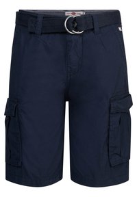 Bermudas cargo azul marino hechas de un tejido ligero, con un cinturón con un anillo metálico, dos bolsillos laterales y un diseño de corte relajado.