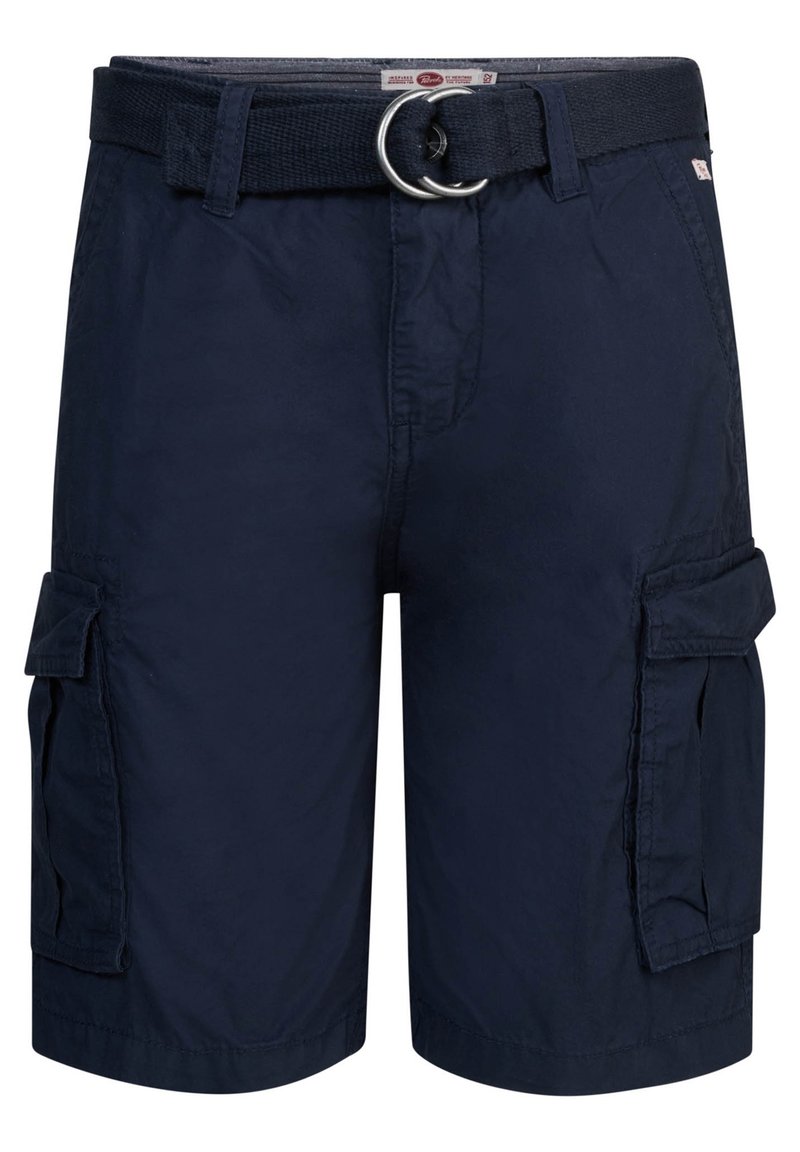 Bermudas cargo azul marino hechas de un tejido ligero, con un cinturón con un anillo metálico, dos bolsillos laterales y un diseño de corte relajado.