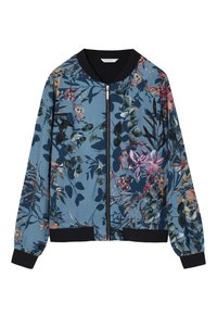 Květinová bomber bunda s modrým podkladem, zelenými listy a barevnými květinami, černými žebrovanými manžetami a límečkem. Přední zipov�é zapínání.