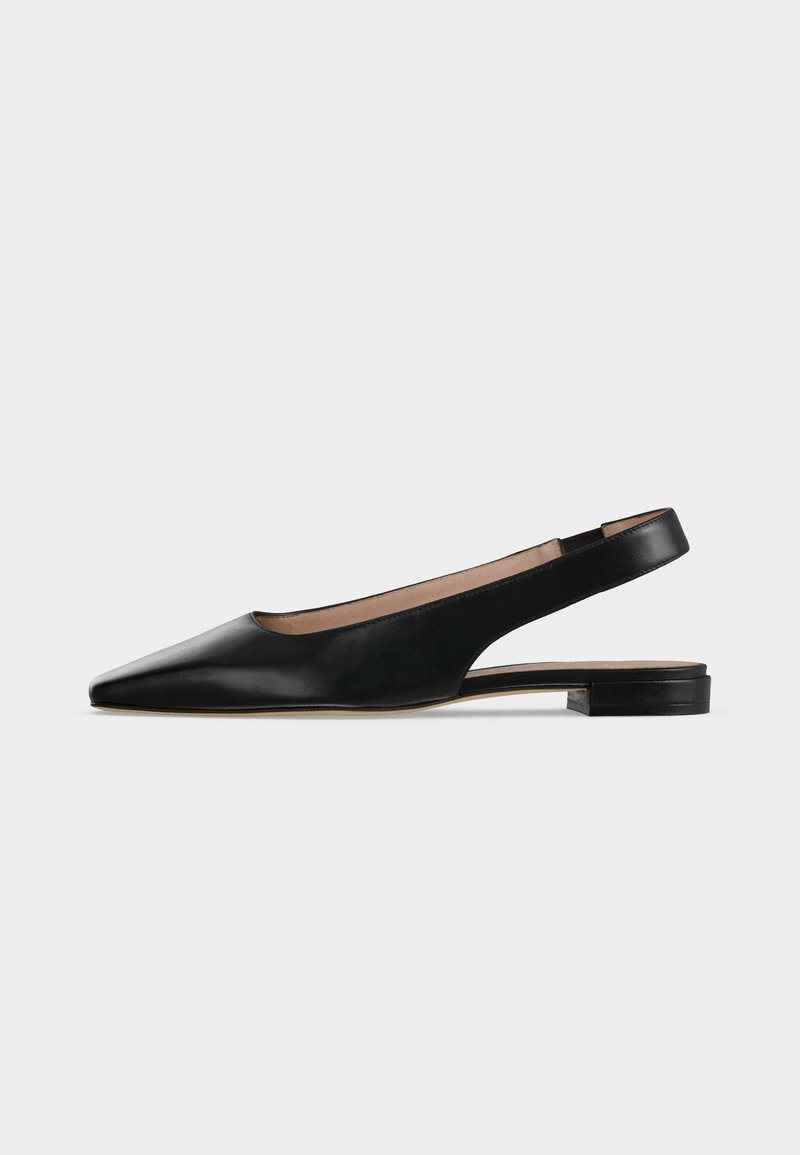 Black leather slingback flat shoe with pointed toe and low square heel on a white background.