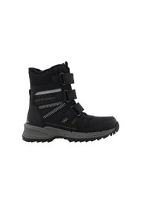 Cizme negre impermeabile cu trei curele ajustabile, accente gri, talpă texturată și guler din blană artificială. Prezintă un design elegant și material durabil.