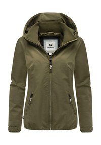Giacca verde oliva con zip frontale, due tasche laterali e cappuccio regolabile. Tessuto liscio con polsini elasticizzati e vestibilità comoda.