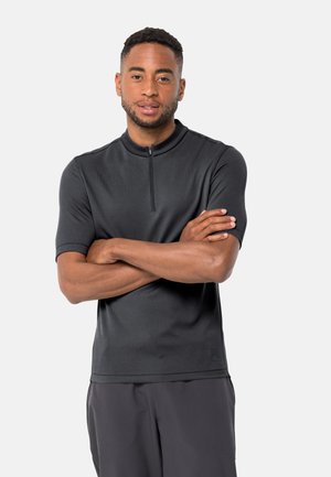 Black short-sleeve athletic top with a half-zip collar, made from lightweight, smooth fabric. Features a fitted design and minimal branding.