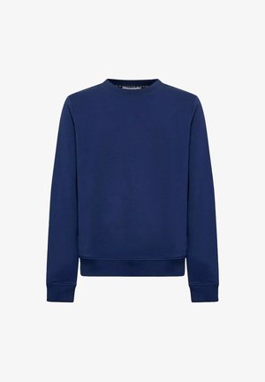Felpa girocollo a maniche lunghe di colore blu navy, con polsini e orlo a costine, design semplice.
