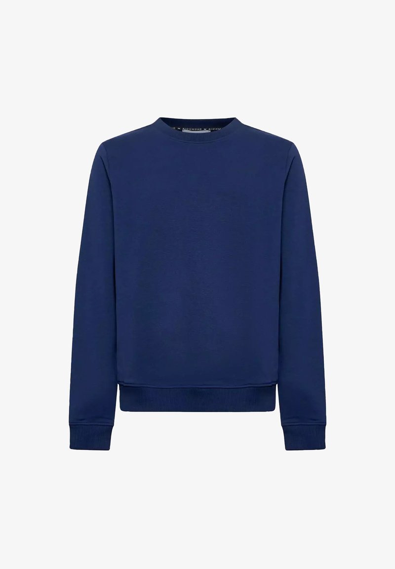 Felpa girocollo a maniche lunghe di colore blu navy, con polsini e orlo a costine, design semplice.