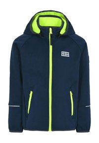 Marinejacke mit Kapuze, neongrünen Akzenten, zwei vorderen Reißverschluss-Taschen und einem reflektierenden Streifen an den Ärmeln. Mit einem Logo-Patch.