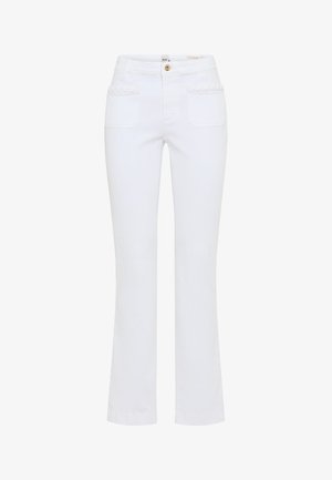 Witte rechte broek met steekzakken aan de voorkant, voorzien van gevlochten rand en een enkele knoopsluiting in de tailleband.