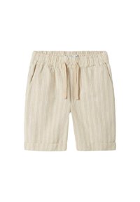 Beige gestreifte Shorts mit elastischem Bund und Kordelzug. Mit Seitentaschen und aufgeschlagenen Säumen, aus weichem, leichtem Stoff gefertigt.