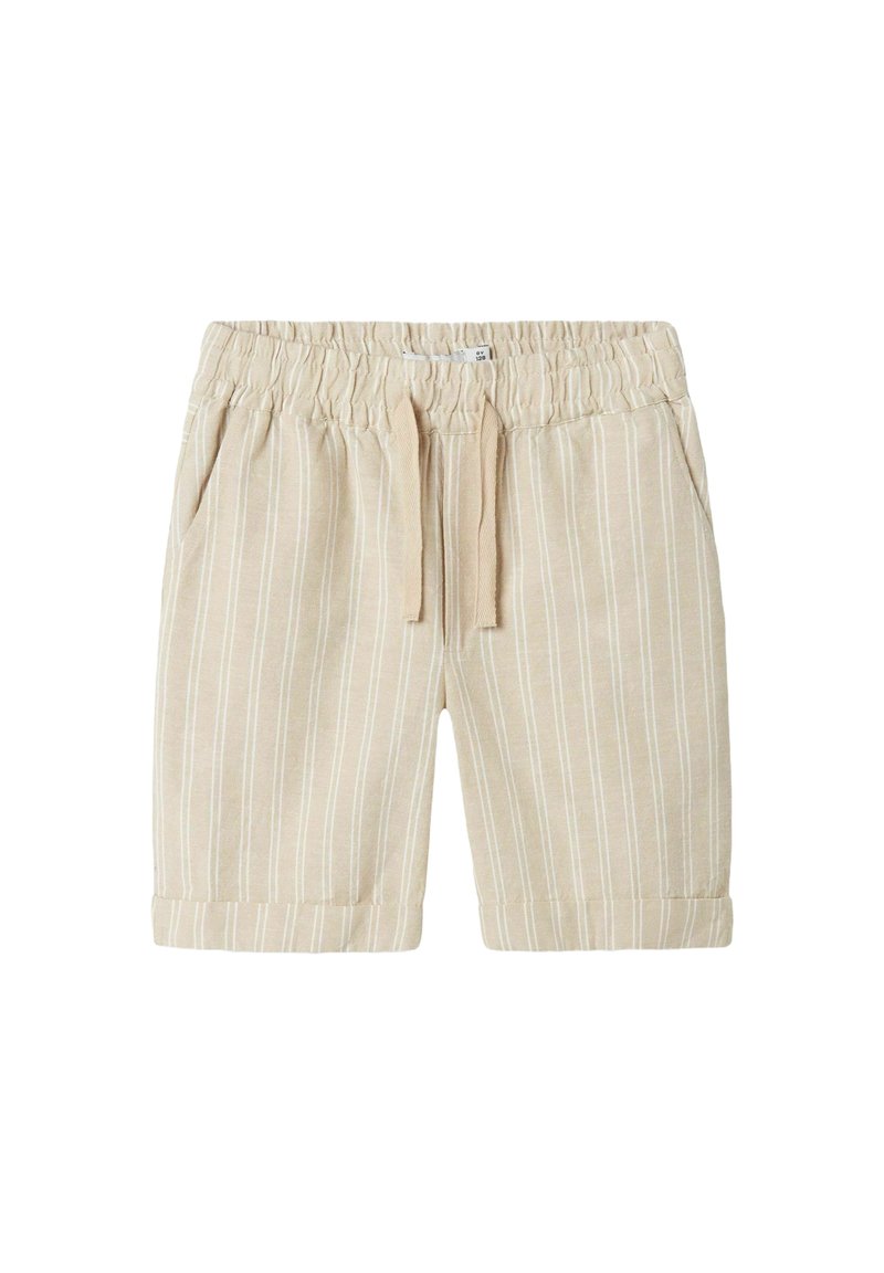 Beige gestreifte Shorts mit elastischem Bund und Kordelzug. Mit Seitentaschen und aufgeschlagenen Säumen, aus weichem, leichtem Stoff gefertigt.