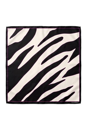 Négyzet alakú selyem sál fekete-fehér zebra csíkos mintával és fekete szegéllyel, kis VIVISENCE logó a sarokban.