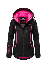 Black softshell jacket with bright pink inner lining, pink accents, multiple zippered pockets, and "Marikoo Mountain" branding on sleeve and chest.