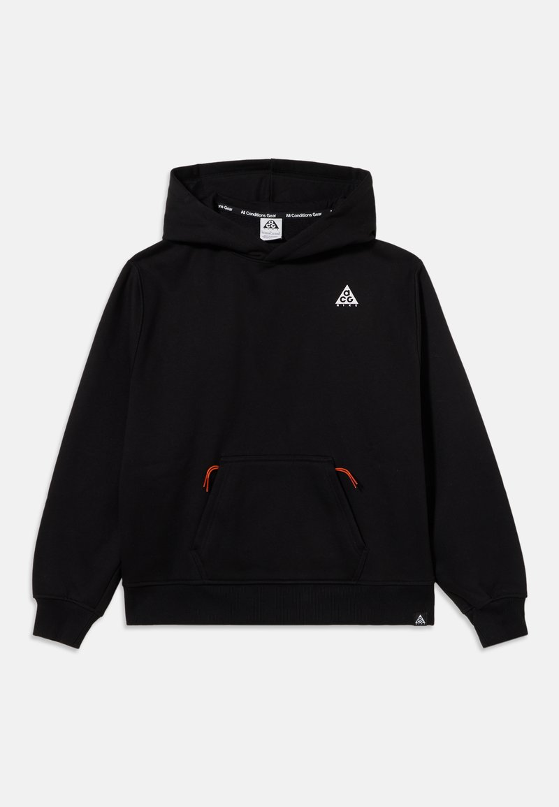Sweat à capuche noir avec poche kangourou devant, petit logo triangle blanc sur la poitrine, et cordons orange sur les côtés de la poche.