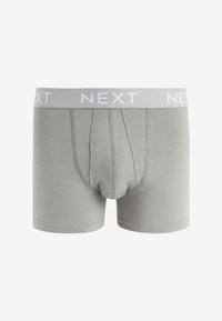Graue Boxershorts aus weichem Stoff, mit einem weißen elastischen Bund, der mit "NEXT"-Branding versehen ist, sowie einem konturierten Beutel-Design.