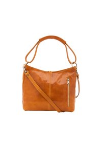 Orangefarbene Leder-Schultertasche mit glänzender Oberfläche, zwei Handgriffen, einem abnehmbaren Schultergurt und einer vorderen Reißverschlusstasche.